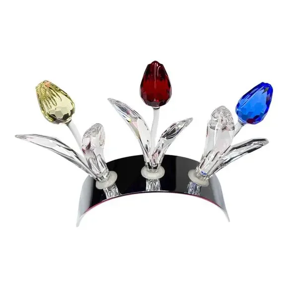 Swarovski Crystal 3 TULIP FLOWERS & DISPLAY STAND Holder Red Yellow Blue 3-1/2